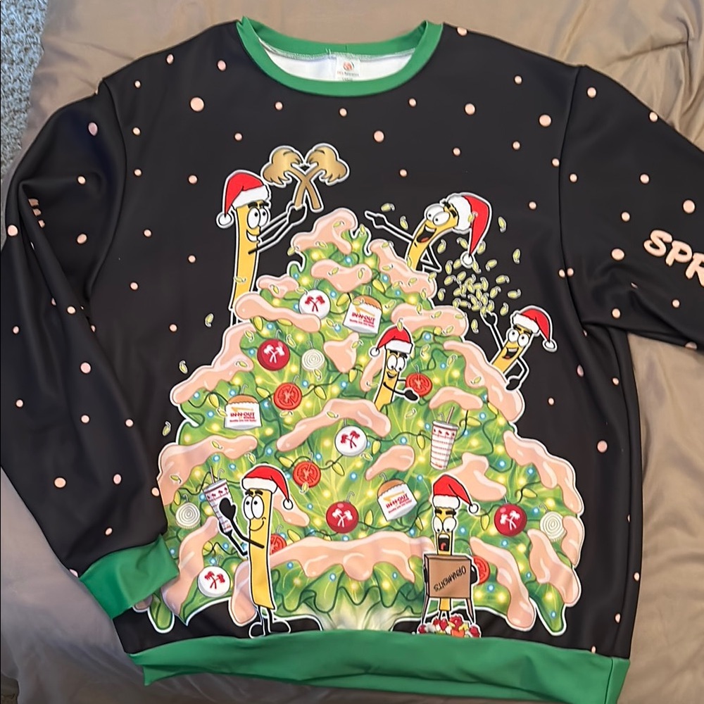 In N Out Festive Black and Green “Ugly” Sweater. “Spread The Love”